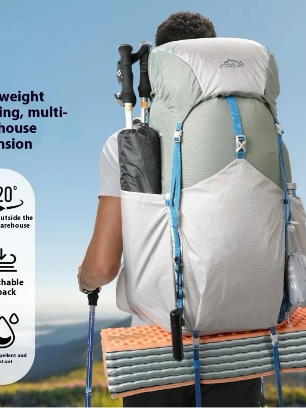 Lightweight Hiking Backpack in Light Gray with Blue Accents